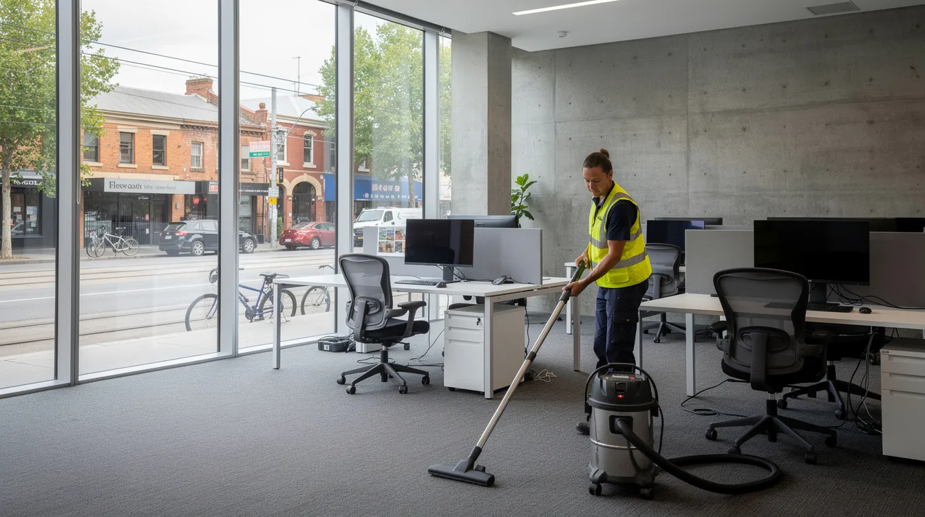 A professional cleaner in a hi-vis vest vacuuming carpets in an open-plan office with modern desks, showcasing commercial-grade equipment and thorough cleaning services for Brunswick West businesses.